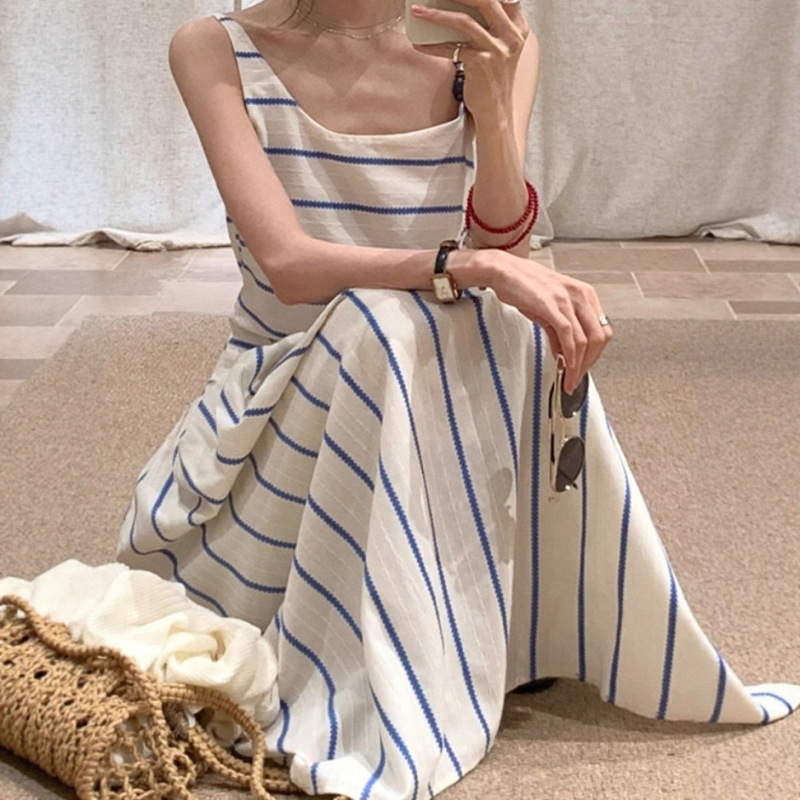 Blue Striped Suspender Dress for Women Summer Seaside Vacation Irregular Cut Out Patchwork Waist Vest Long Skirt