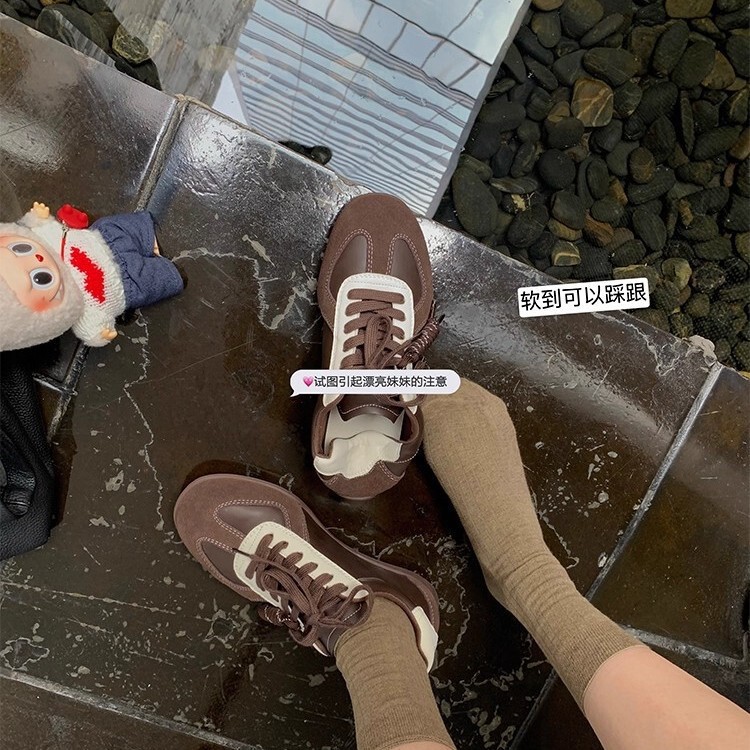 真皮系带德训鞋复古拼色圆头百搭休闲鞋舒适运动增高阿甘鞋女|undefined