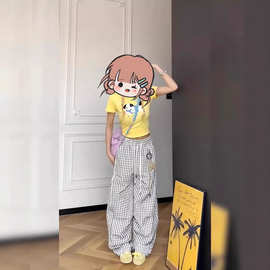 送挂件泡泡格子弯刀裤男女夏季松弛感阔腿裤子美式复古伞兵休闲裤