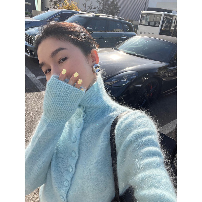 Blue Mohair Turtleneck Cardigan Sweater Jacket for Women in Autumn and Winter Soft and Waxy Milk Fufu Outer Furry Knitted Top