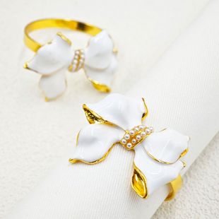 Cross-Border Hotel Pearl Bow Napkin Buckle Metal Napkin Ring Hotel Table Decoration Cloth Ring Manufacturer