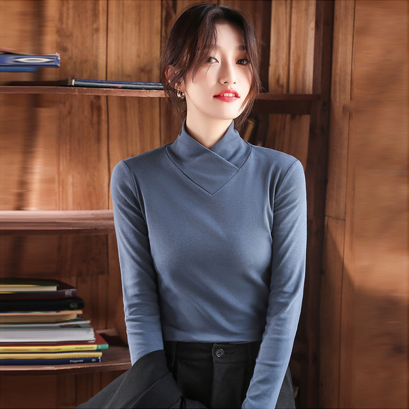 하프 하이 칼라 양면 벨벳 베이스 셔츠 여성의 가을과 겨울 새로운 슬림 핏 플러스 사이즈 두꺼운 우아한 긴팔 티셔츠 탑