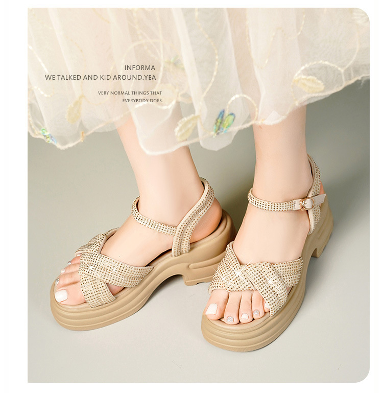 Sandal nữ đế dày đính đá phong cách La Mã, đế mềm tăng chiều cao — Màu đen chi tiết 10