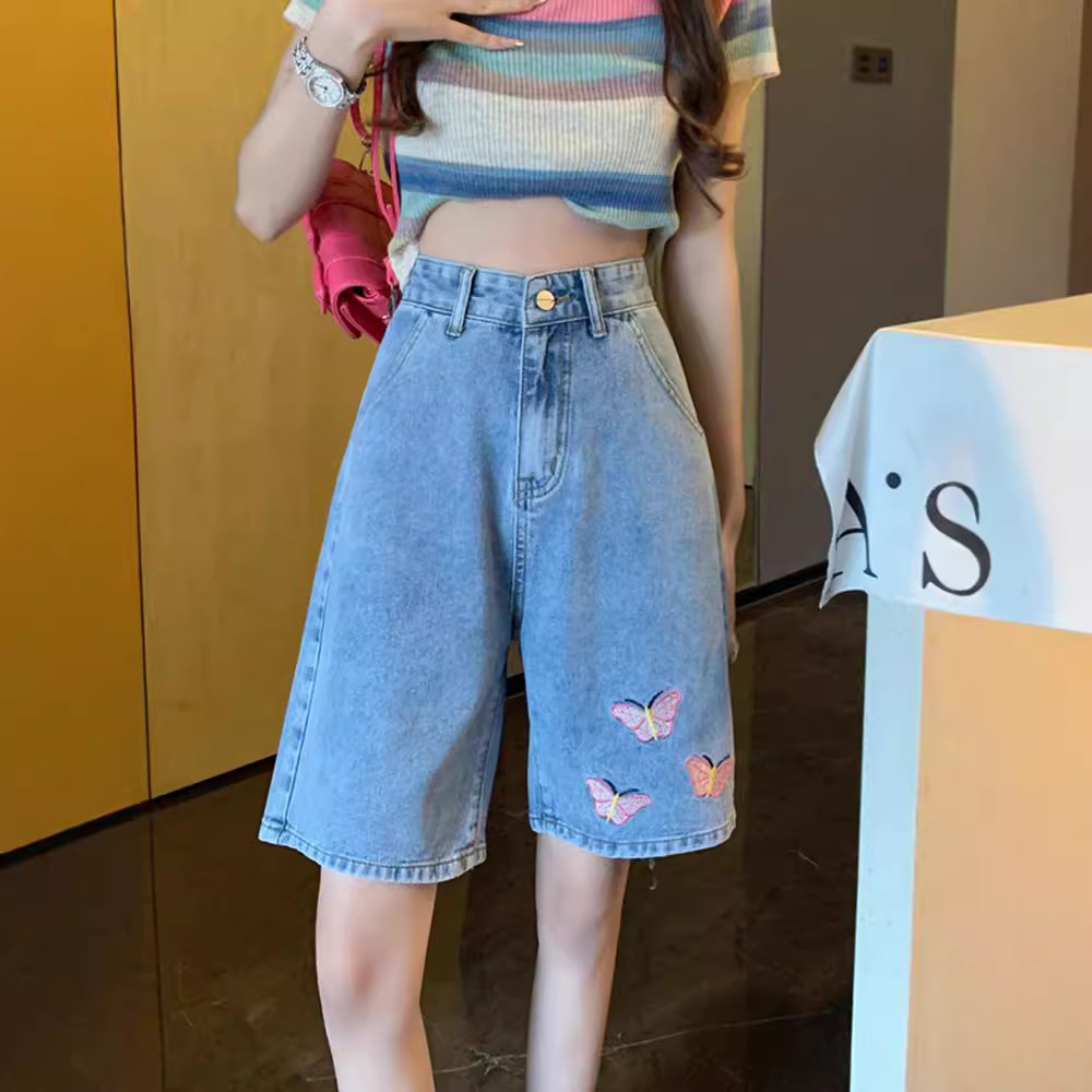 데님 반바지 여성의 여름 새 플러스 사이즈 통통녀 MM 느슨한 자수 바지 높은 허리 넓은 다리 바지