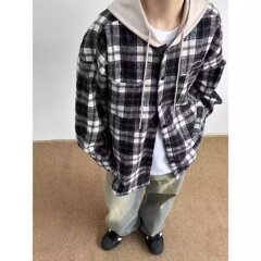 美式假两件格子连帽衬衫男女秋季宽松休闲衬衣外套慵懒风情侣夹克