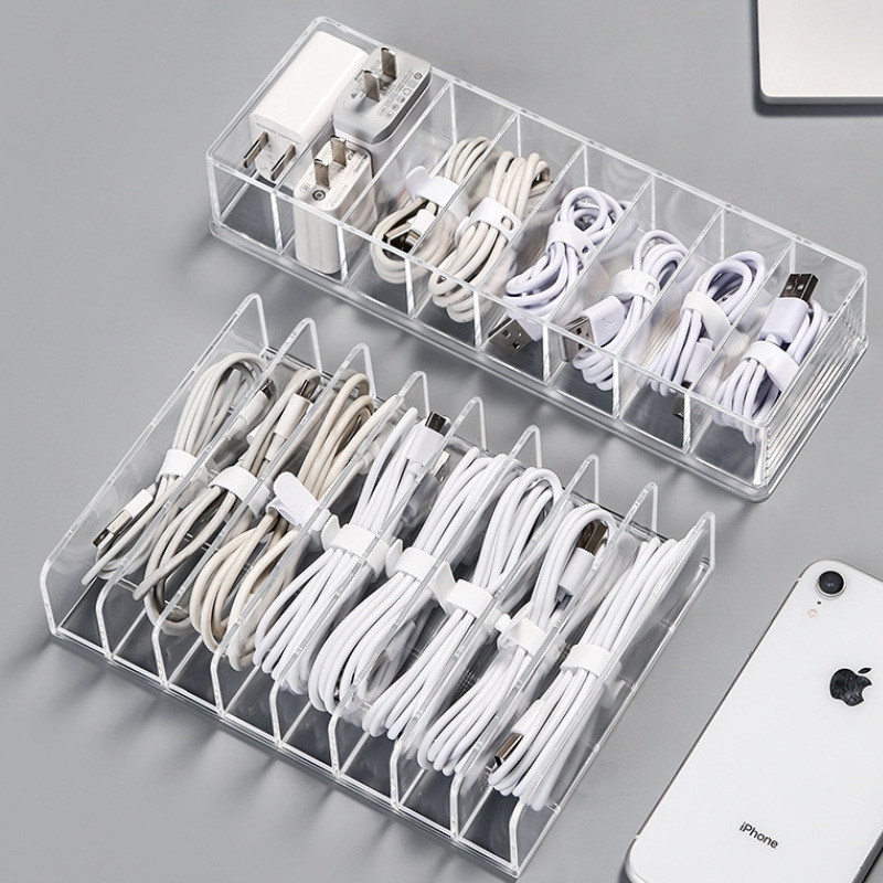 386 Data Cable Storage Box Transparent Belt Compartment Charging Cable Organizer Desktop Large Capacity Power Cord Storage Box