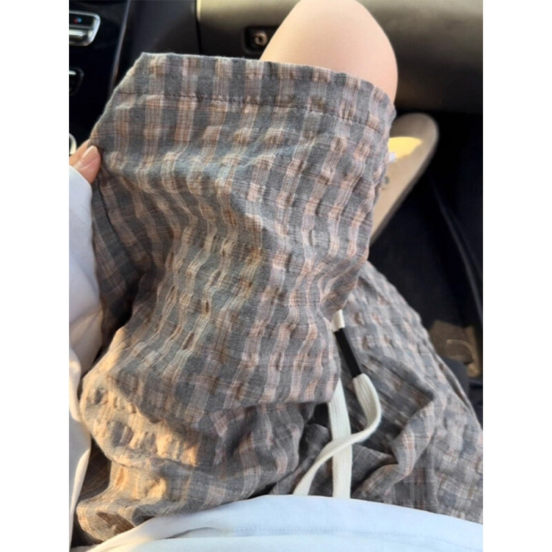 Three-Dimensional Waist Bubble Gauze Sports Shorts for Women, Summer Ice Silk Quick-Dry Plaid Knee-Length Shorts, American-Style Casual Pants, Cross-Border