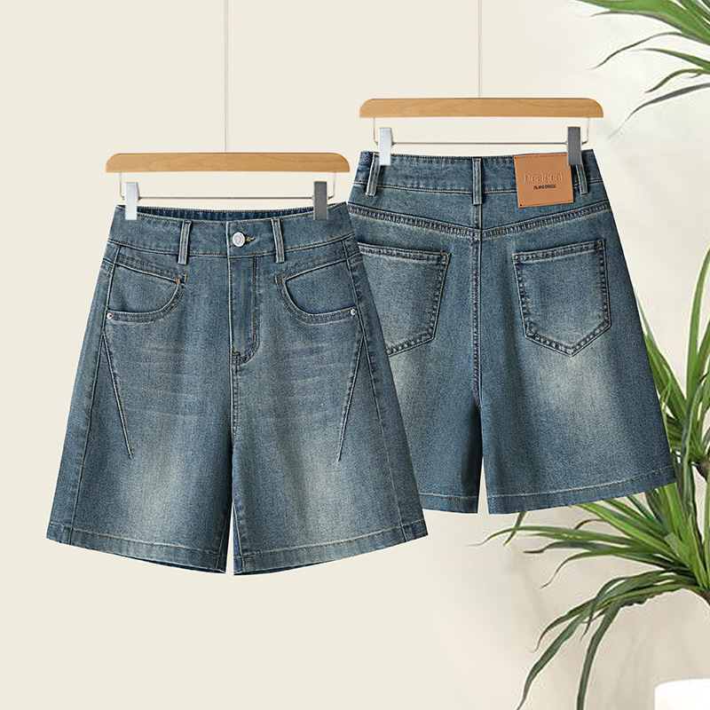Vintage Blue Denim Shorts for Women, Thin Style, Summer 2026, Boyfriend Style, Patchwork, Loose Fit, Slimming Leg Line, 5-Point Mid-Length Shorts
