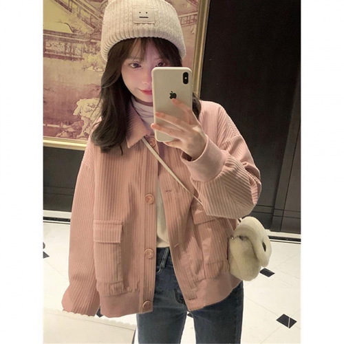 Women's Loose Fit Short Length Corduroy Jacket for Spring and Autumn, Versatile and Casual Outerwear, Layering Top