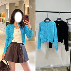 2025早秋蓝黑徽标刺绣麻花圆领长袖短款针织开衫修身减龄女款上衣