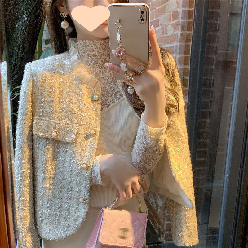 小香风外套女2025春季新款法式高级感亮片蕾丝拼接名媛百搭上衣|undefined