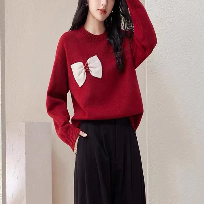 Bowknot de las mujeres con cuentas suéter de otoño e invierno nuevo estilo coreano suelta camisa de fondo de punto de moda estilo occidental prendas de vestir exteriores Top corto image 8