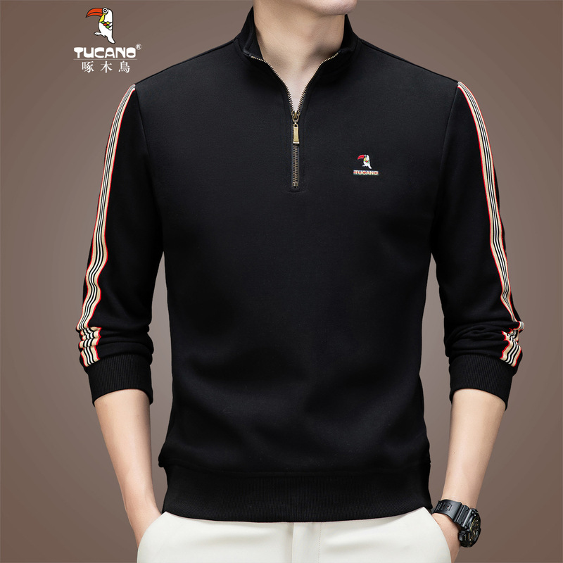 Woodpecker Men's Fashion 2024 Long-sleeved T-shirt Autumn New Zipper Semi-high Collar Top Clothes Sports Sweatshirt