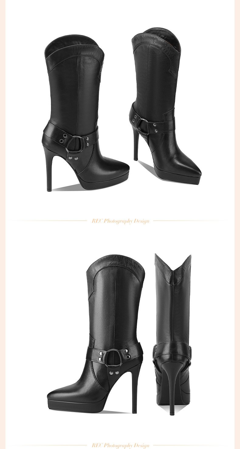 Boot nữ cổ cao ôm bắp chân mũi nhọn da thật, gót platform 10 cm, phong cách retro châu Âu — Lớp lót đơn màu trắng 10cm chi tiết 3