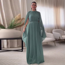 2025年新款欧美亚马逊跨境外贸女装圆领收腰雪纺青色优雅连衣长裙