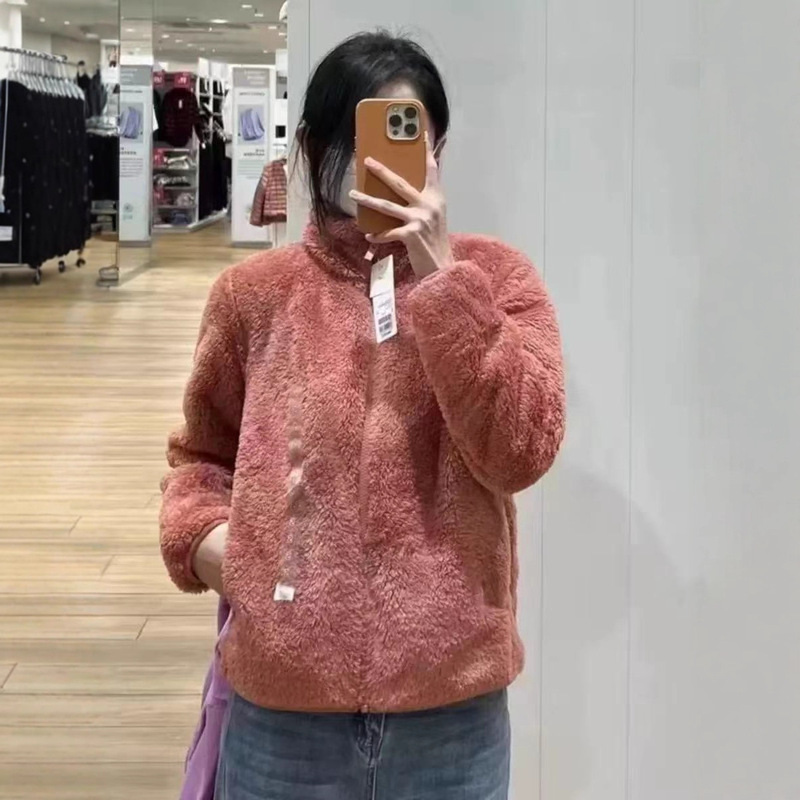 Women's Long Fleece Jacket with Stand Collar, Warm Jacket, Long Sleeve Zipper Cardigan 439138