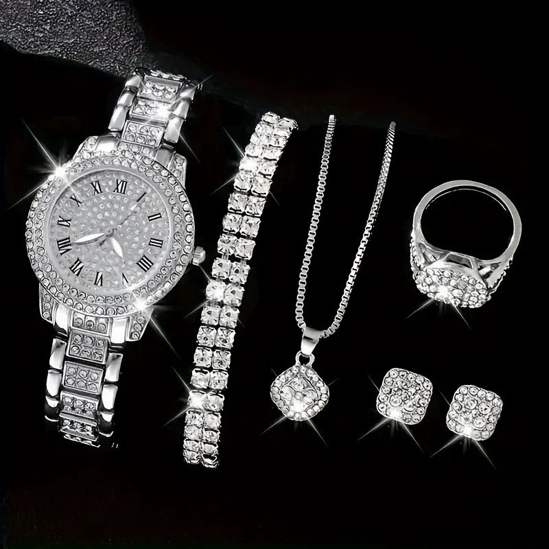 Silver watch + jewelry four-piece set