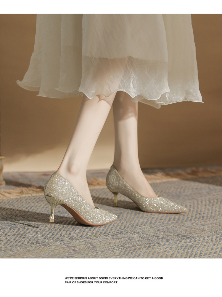 Giày cao gót mũi nhọn sequin lấp lánh CG6018 – miệng nông, gót nhọn — Màu Sâm panh chi tiết 16