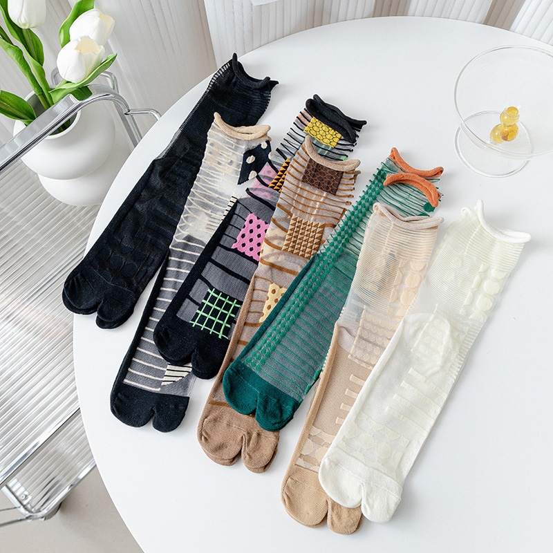 Glass Fiber Split-Toe Socks, Spring and Summer Trendy Internet Celebrity Style, Rolled Edge Mid-Calf Socks, Ab Style Asymmetric Transparent Socks Glass Fiber Split-Toe Socks, Spring and Summer Trendy Internet Celebrity Style, Rolled Edge Mid-Calf Socks, Ab Style Asymmetric Transparent Socks
