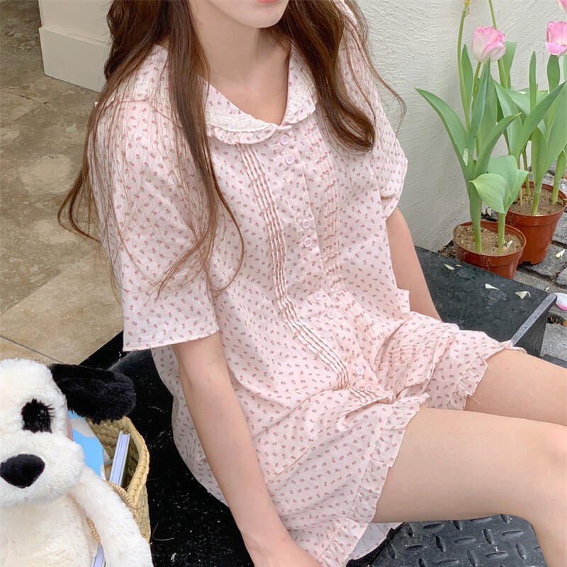 Real shot 2025 gentle sweet floral navy wind collar soft waxy small fresh home clothes short sleeve pajamas suit wholesale