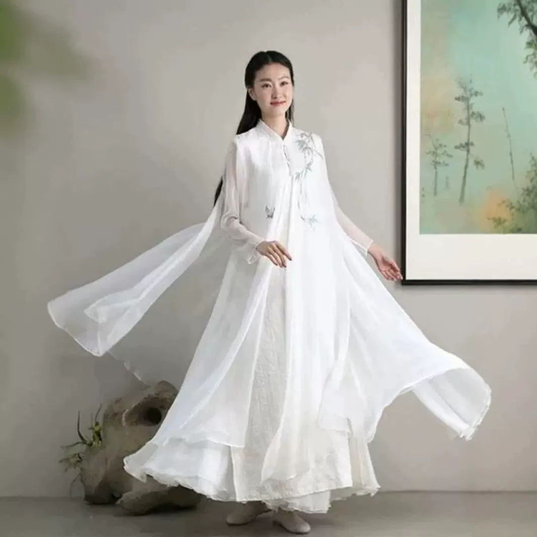 夏季新款天丝提花手绘三层大摆立领禅舞服连衣裙意系高端疗愈禅服