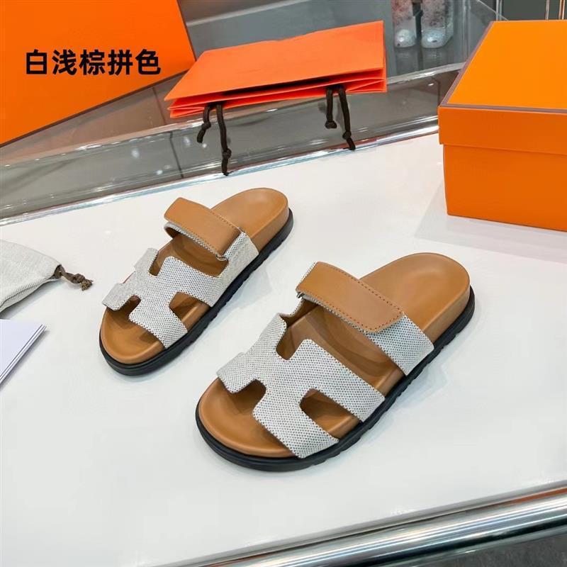 女性用の高品質の二級サンダル、ビーチ用の第一層牛革ベルクロスリッポン、男性用のフラットビッグブランドスリッパ|undefined