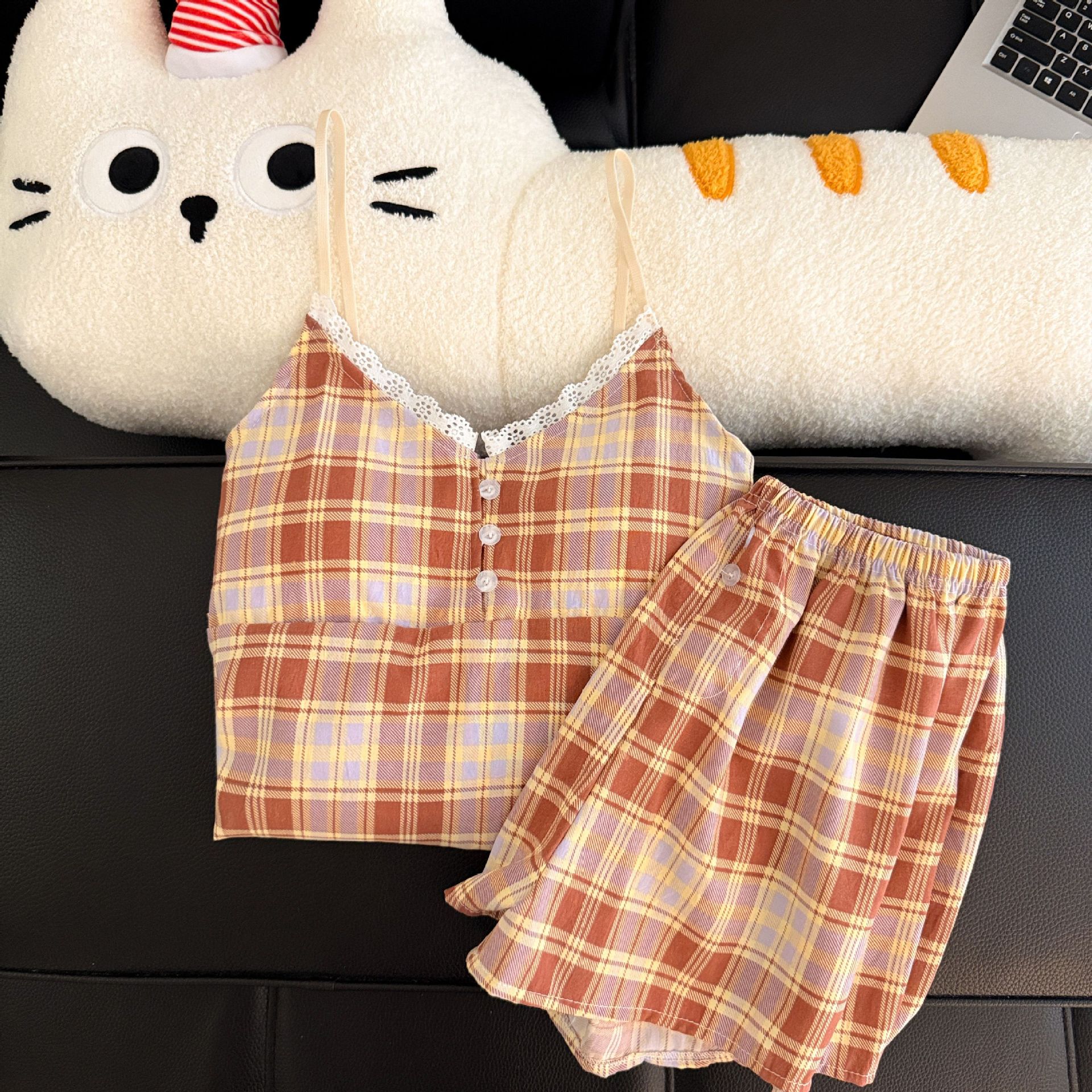 Pantalones cortos con cojín de pecho al por mayor transfronterizo pijamas de verano nuevo algodón nublado dulce conjunto de ropa de casa a cuadros
