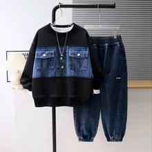 牛仔拼接高级感卫衣男韩版2025秋新款青少年新款中大男童牛仔套装