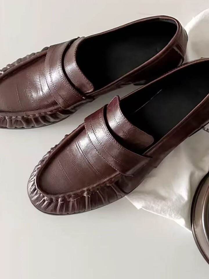 Giày lười nữ da cá chình thật thủ công phong cách retro nhăn, đế dày gót 3-5 cm — Màu nâu, màu đen chi tiết 6