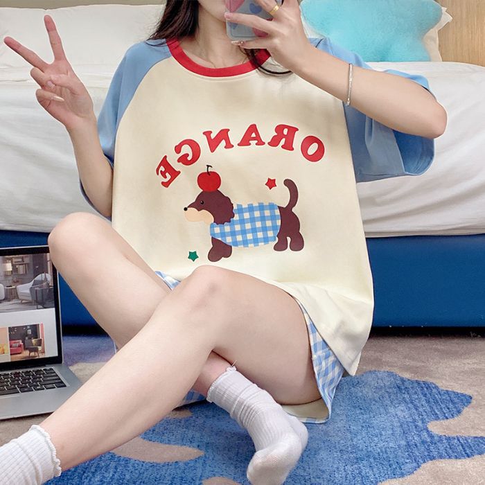 Venta al por mayor transfronteriza verano nuevo estilo cuello redondo pijamas estampados de dibujos animados pantalones cortos de manga corta para mujer