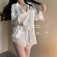 冰雪丝睡衣女春秋夏纯欲蕾丝性感长袖宽松白衬衫睡衣家居两件套装