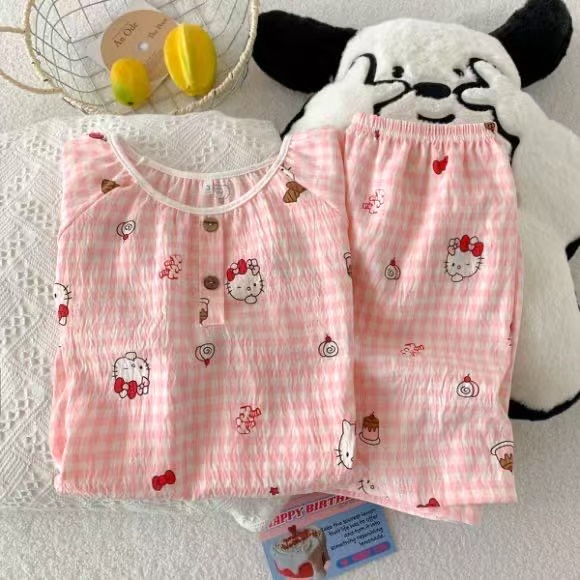 Venta al por mayor transfronteriza de nuevos pijamas de algodón de nube para mujer pantalones cortos de manga corta de verano con cuello redondo bordado dulce y simple servicio a domicilio
