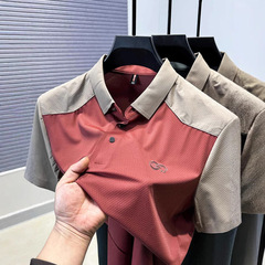 30 秋アイスシルクブランドシャツメンズ半袖夏紳士服カラーブロックワッフルメッシュシャツ半袖オープン