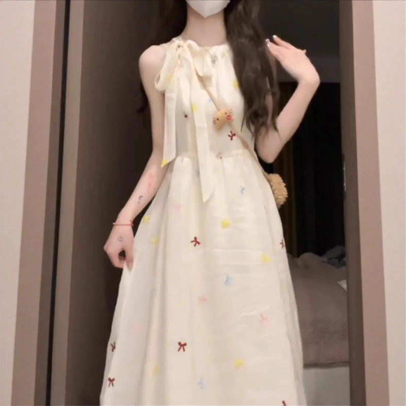 Cute Ins Sweet Waist Bow Dress Summer New 2025 Waist Slimming Gentle Fairy Long Dress