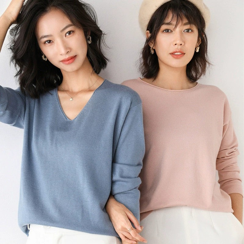 Women's Polyester Pullover (Brand) Slim Long-Sleeve Sweater, Round & V-Neck, Commuting Style