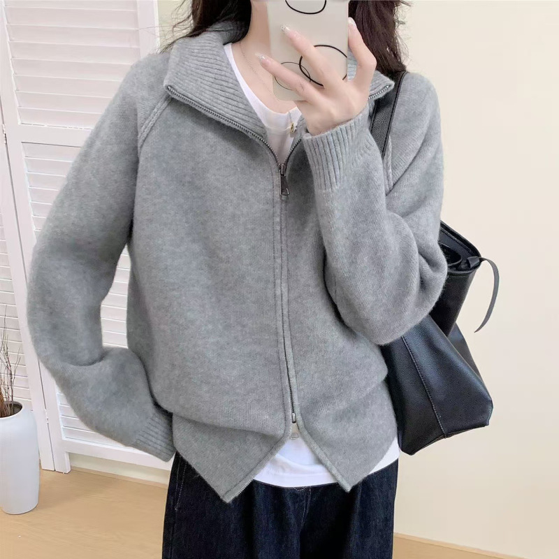 跨境慵懒风毛衣外套女2025秋冬新款韩系纯色立领拉链针织开衫|undefined