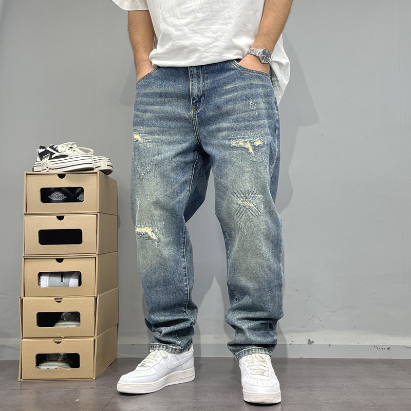 American Casual Ripped Patchwork Straight-Leg Blue Jeans for Men Trendy Brand Stylish Long Pants Versatile Trendy Street Style