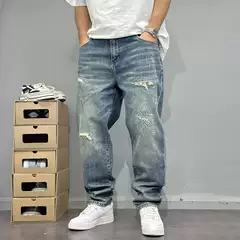 Men's Distressed Patchwork Slim Straight Blue Jeans Trendy Street Style