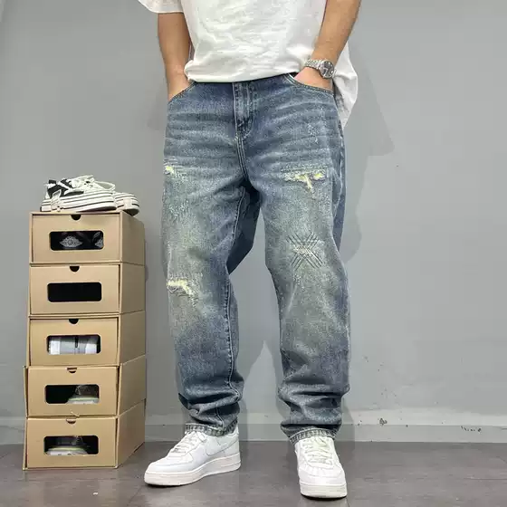 Men's Distressed Patchwork Slim Straight Blue Jeans Trendy Street Style