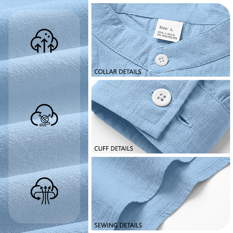 Nueva camisa de lino transfronteriza de primavera y otoño de Amazon manga larga cuello transpirable de hombre de estilo de bolsillo nuevo chino