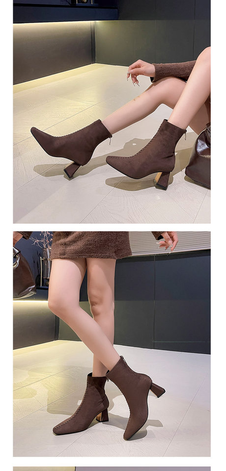 Bốt nữ cổ thấp mũi vuông gót dày 6–8 cm phong cách thanh lịch — Màu nâu (lớp lót nhung), Màu đen (lớp lót nhung) chi tiết 7