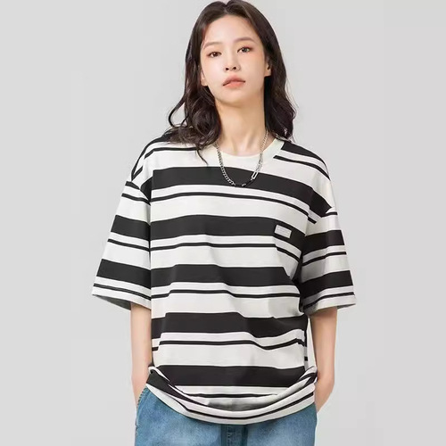 Summer Petite Vintage Crew Neck Five-Button Short-Sleeve T-Shirt for Women with Hong Kong Style Loose Casual Striped Top
