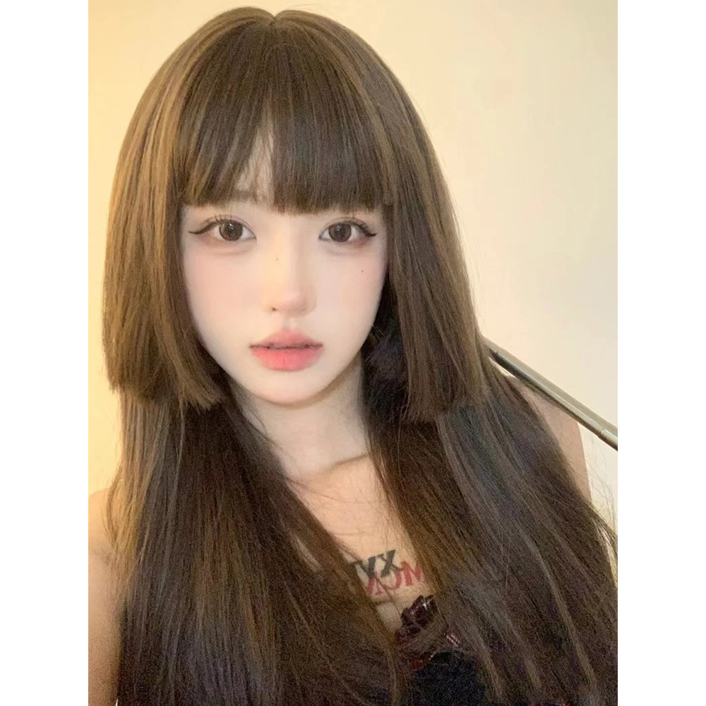 Xingcheng Wig Female Princess Cut Cold Brown Long Hair Summer Natural Simulation Sweet Aji Hair Long Straight Hair Full Head Cover