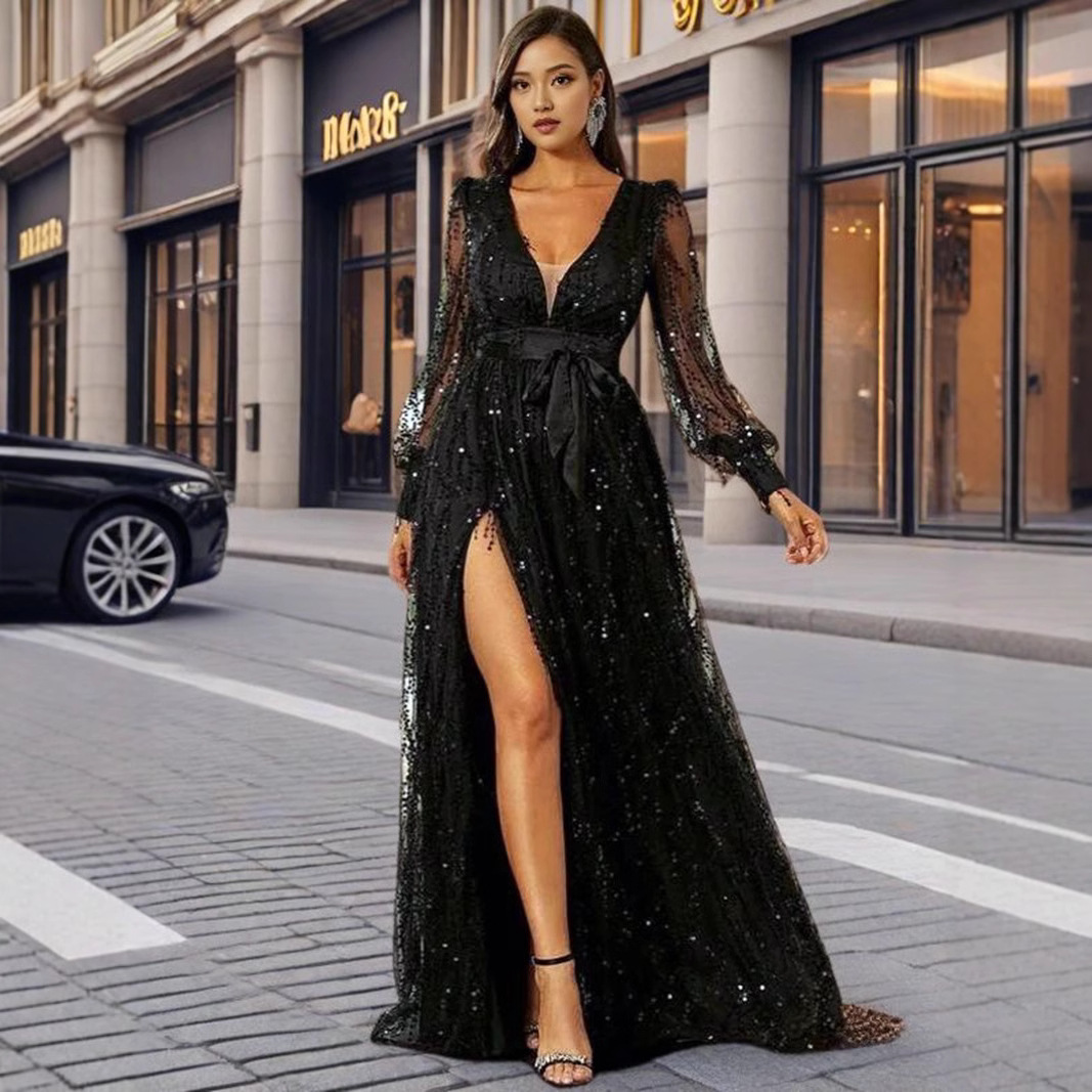 2025 Automne européen et américain des femmes transfrontalières nouvelle maille sequin grande balançoire banquet événement robe de soirée robe jupe longue