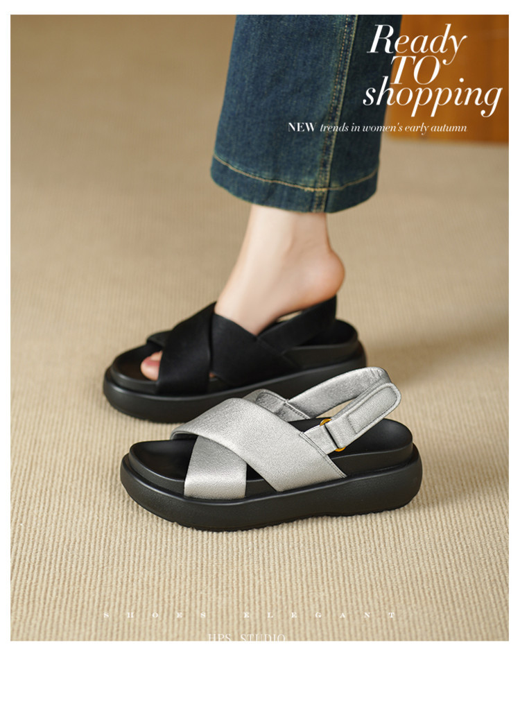 Dép sandal nữ đế xuồng quai hậu mùa hè mới thời trang, thoải mái, đa năng, đế dày, tăng chiều cao, kiểu dáng mở mũi — đen, bạc chi tiết 1