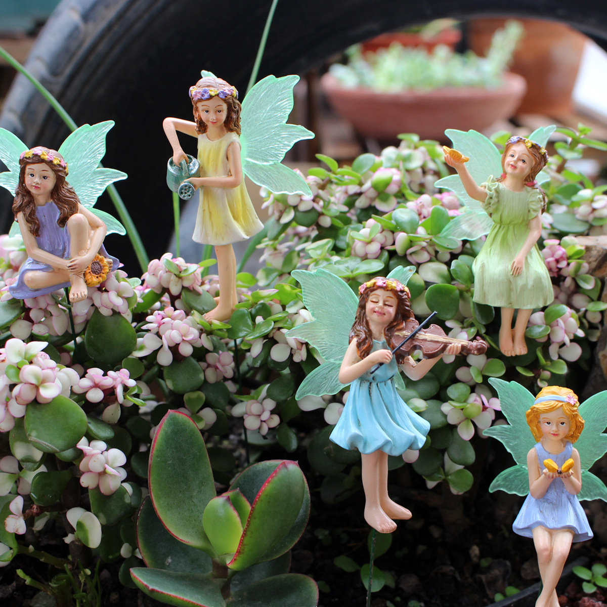  Luminous Flower Fairy Set of Five Plug-in Ornaments Resin Elf Fairy Micro Landscape Garden Statue Potted Plant Decoration