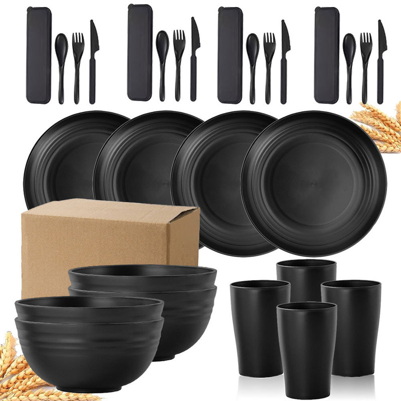 Cross-Border Dishware Set Wheat Straw Black Water Cup Bowl and Plate Tableware Household Plastic Pp Dishware Set