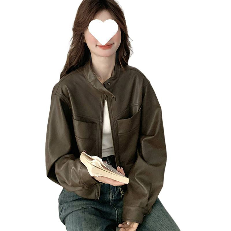 H8A咖啡色皮衣外套女春秋2025新款美式复古小个子pu皮夹克机车服|undefined