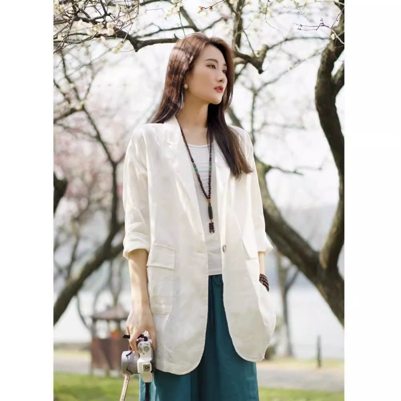 Retro suit, coat, jacket, cotton and linen, plus size