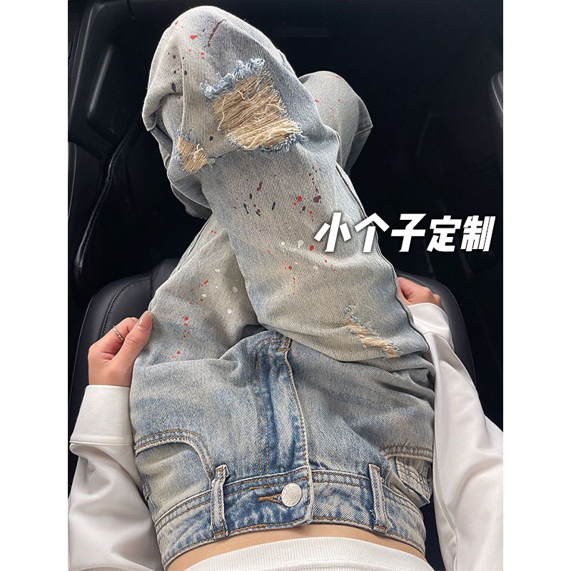 150 짧은 복고풍 찢어진 스플래시 잉크 청바지 여성의 높은 허리 직선 넓은 다리 좁은 xs 크기 높은 모양 크롭